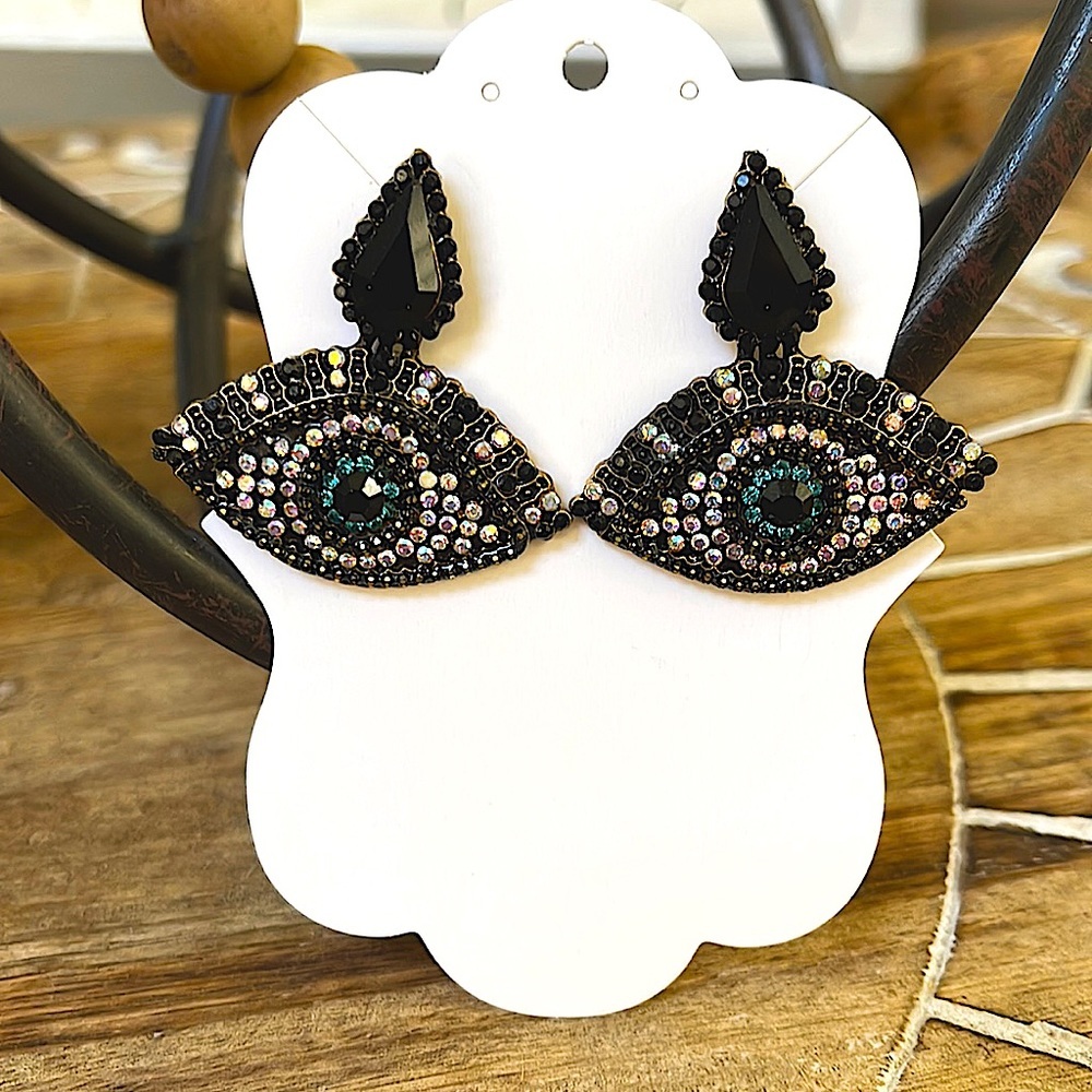 Black Rhinestone Evil Eye Crystal Statement Drop Earrings